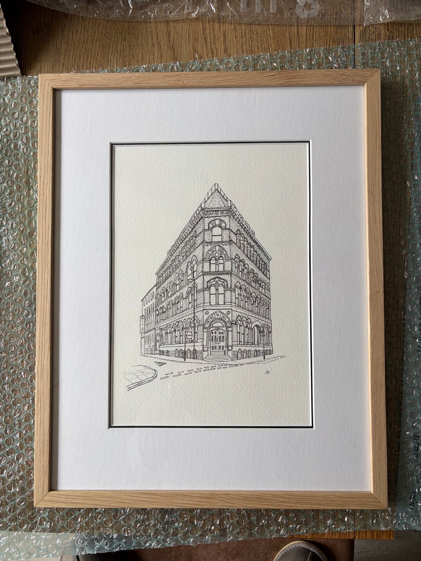 Bespoke hand-drawn house portrait commission in an oak frame, double mounted  Ali Collins Illustration