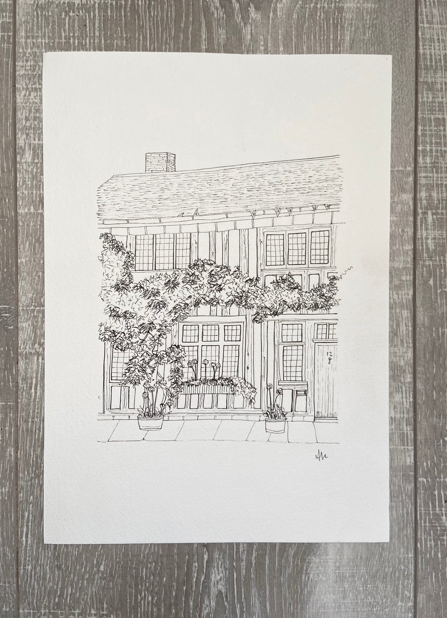 Hand-drawn Lavenham house portrait commission, original ink illustration — Ali Collins Illustration