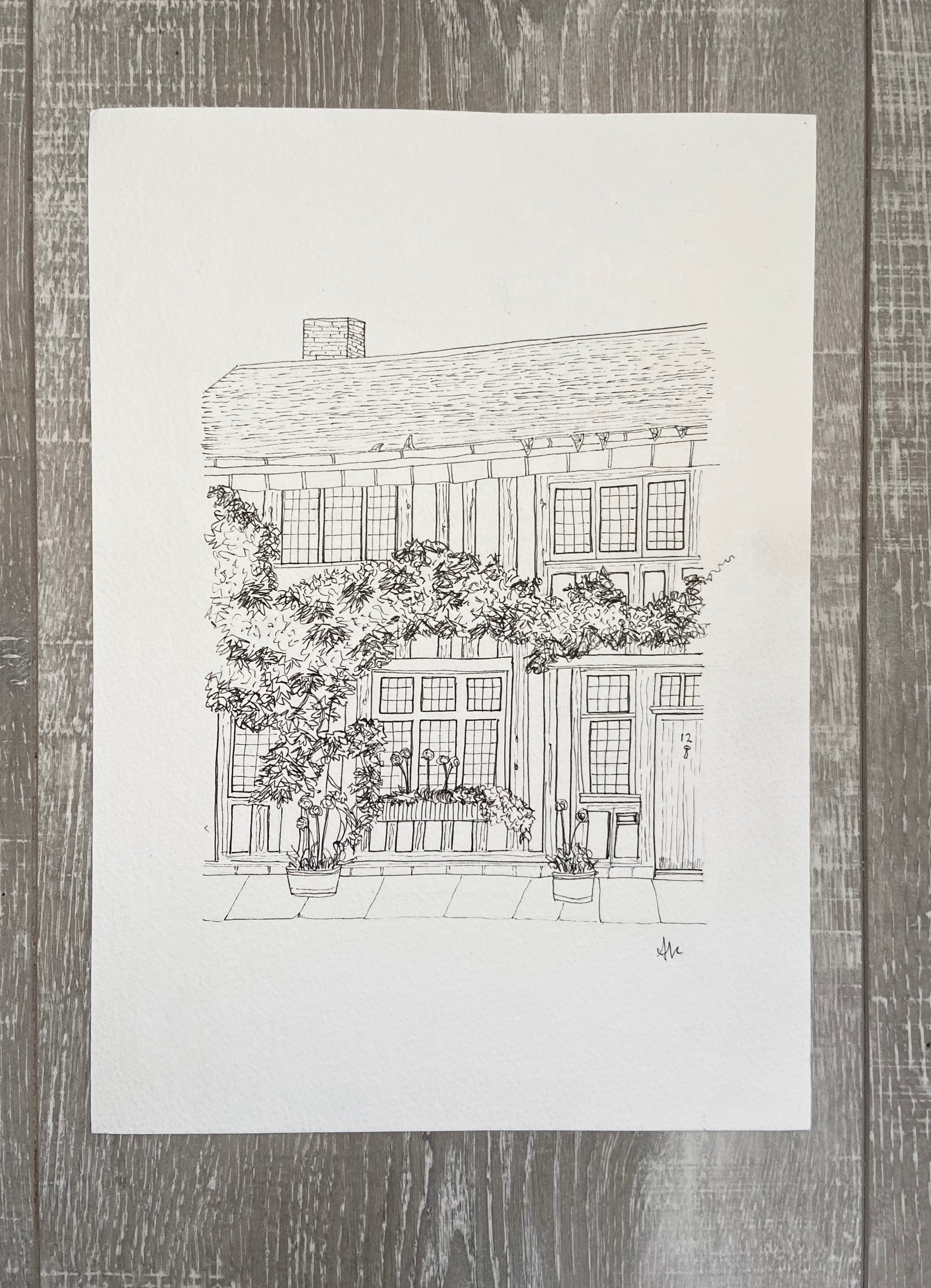 Hand-drawn Lavenham house portrait commission, original ink illustration — Ali Collins Illustration