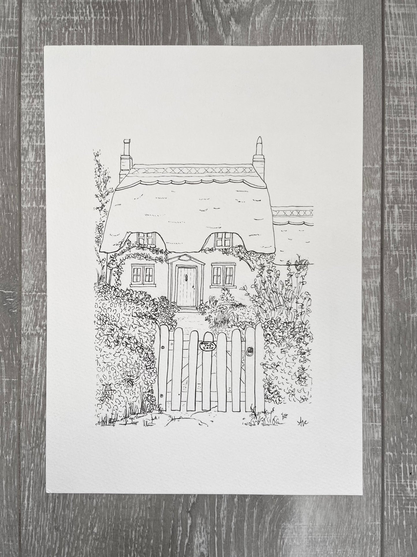 Hand-drawn thatched cottage house portrait commission in ink — Ali Collins Illustration