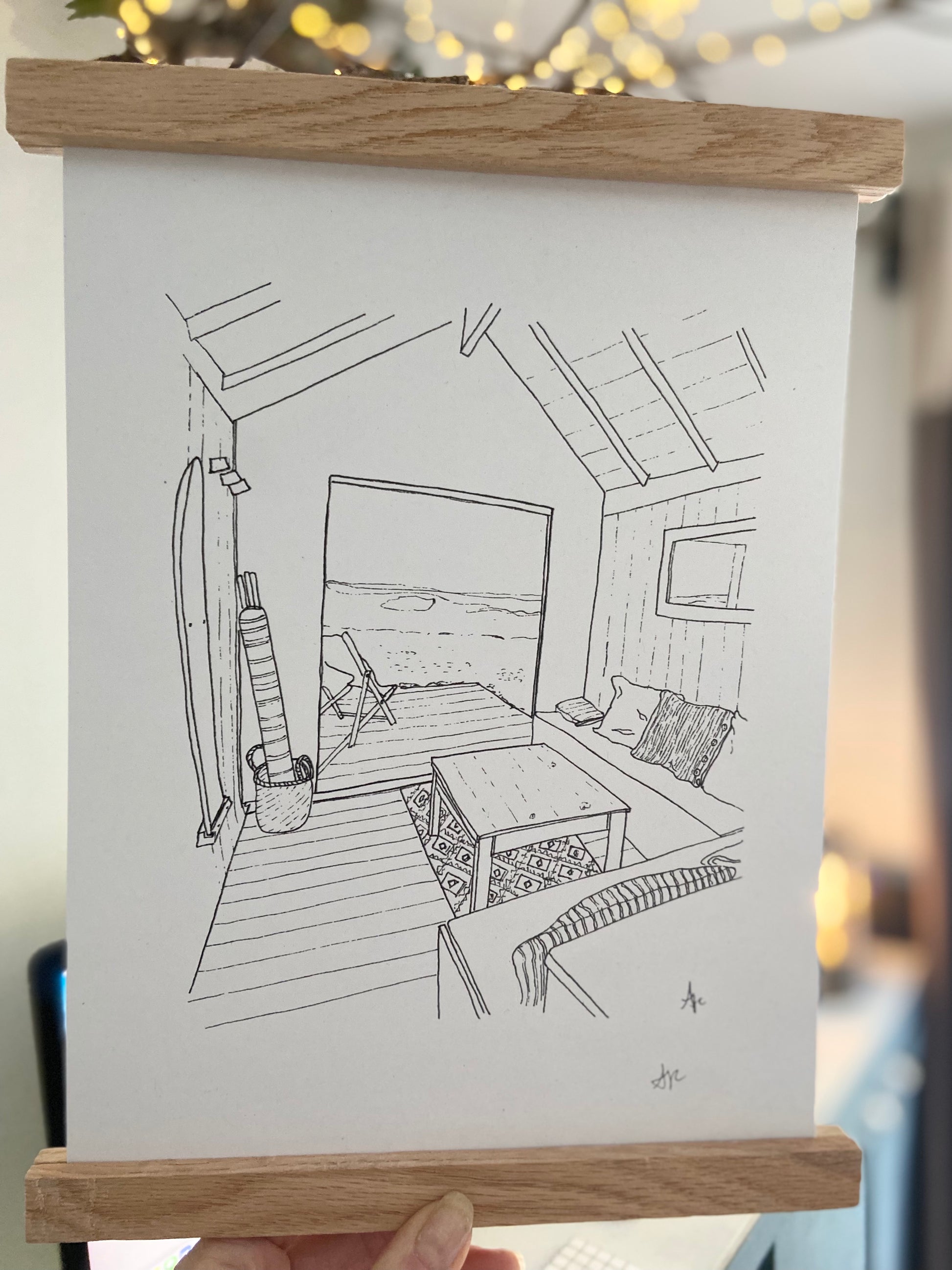 Close-up detail of Beach Hut 245 West Mersea print — hand-drawn line art on recycled paper by Ali Collins