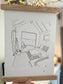 Close-up detail of Beach Hut 245 West Mersea print — hand-drawn line art on recycled paper by Ali Collins