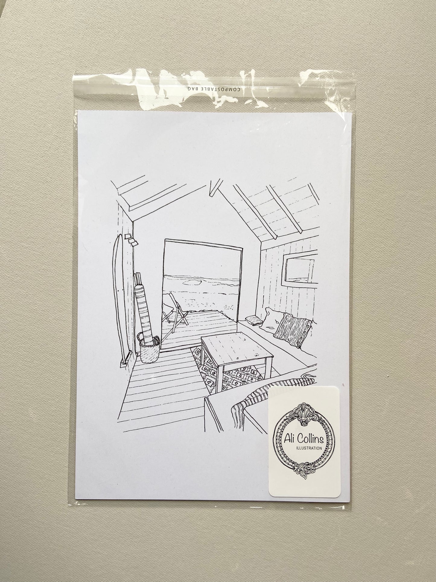 Beach Hut 245 West Mersea Essex art print in biodegradable packaging — eco-friendly coastal gift by Ali Collins