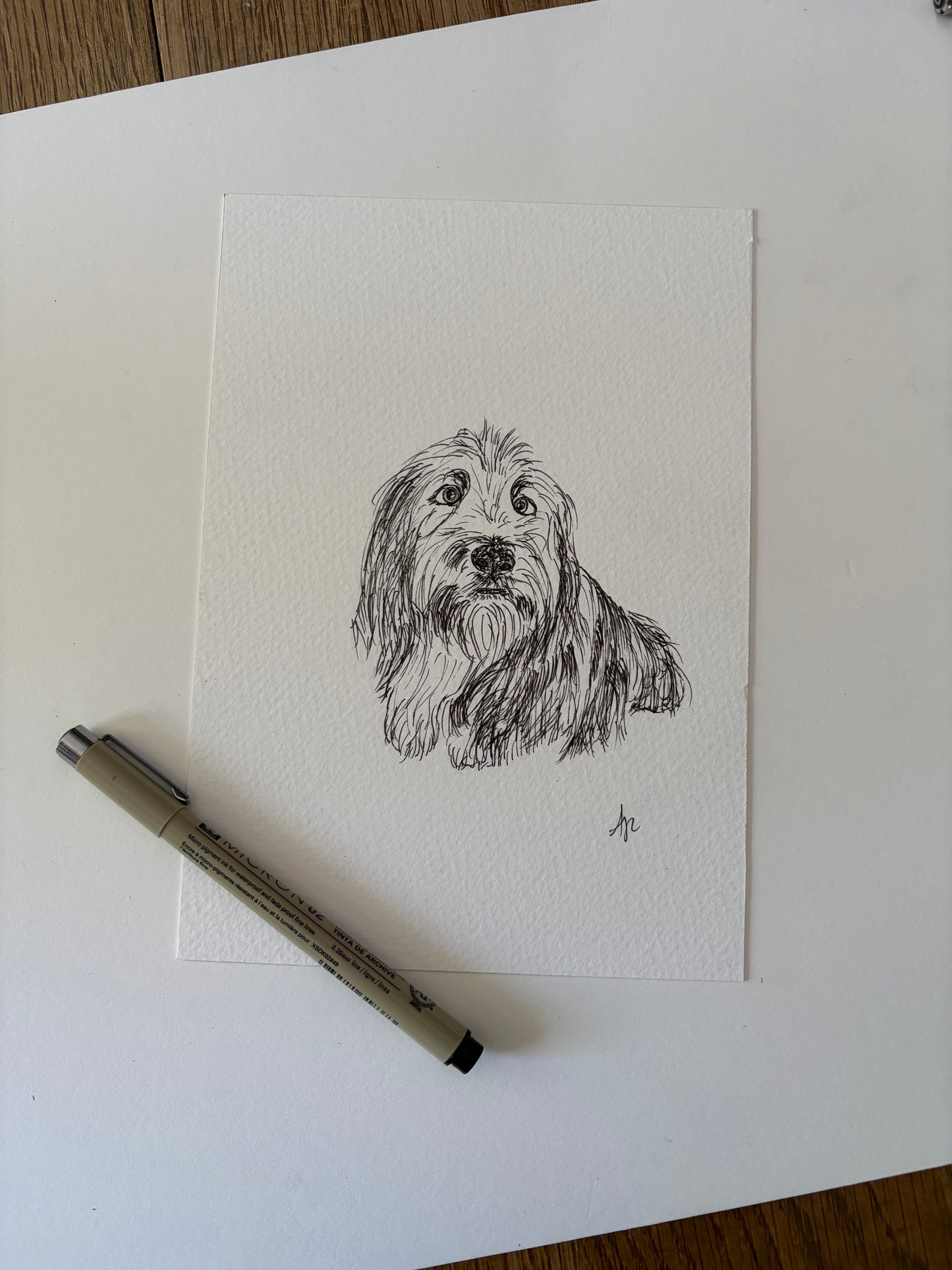 Black and white ink drawing of a dog on a white sheet of paper with a pen next to it.
