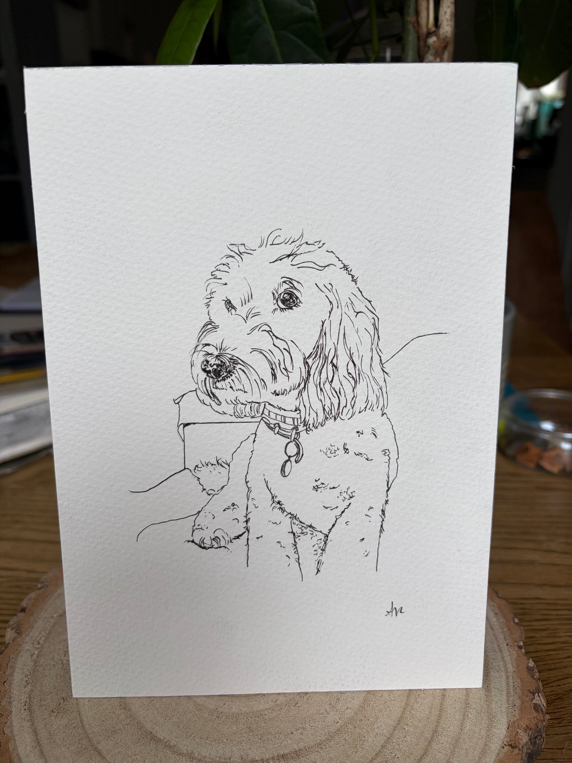 Sketch of a dog on a white card with a wooden surface and plant in the background