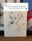Card with a dog illustration and a thank you message from a customer on the top.