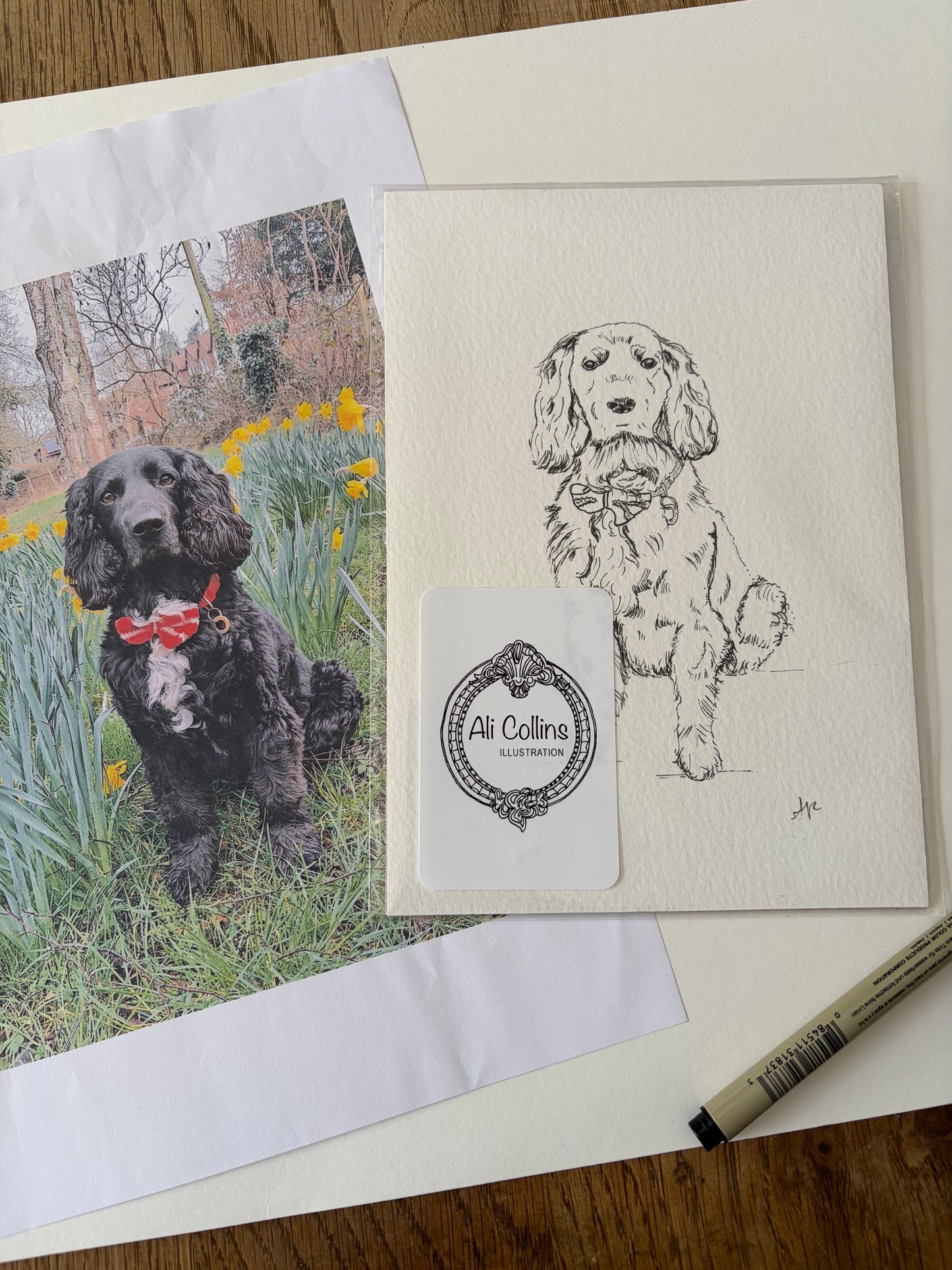 Packaged dog illustration and a photo of a dog in flowers, on a wooden surface.