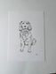 Black and white line drawing of a dog on textured white paper.