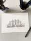 Hand drawn original black and white illustration of St Giles Wedding Venue on a table with a pen resting to the side