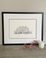 St Giles wedding venue print in black frame — hand-drawn original illustration by Ali Collins
