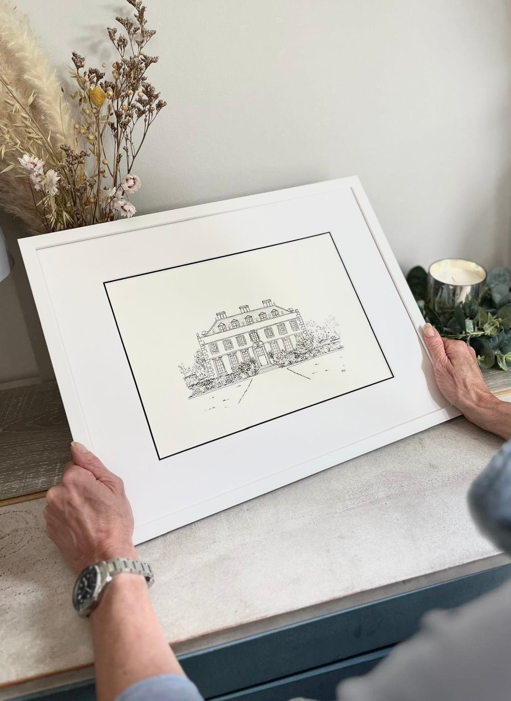 Framed St Giles wedding venue print in lifestyle setting — hand-signed illustration by Ali Collins
