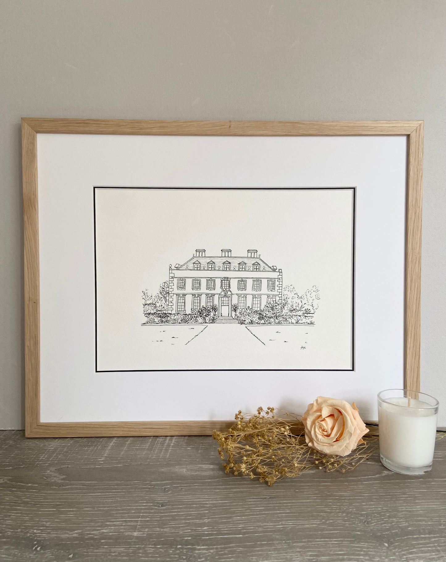 St Giles wedding venue print in oak frame — hand-drawn original illustration by Ali Collins
