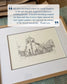 Framed drawing of a church with a customer review above it.