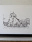 Black and white pen drawing of a church on textured paper.