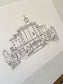 Hand-drawn line illustration of The Broadmoor wedding venue — custom ink drawing by Ali Collins.