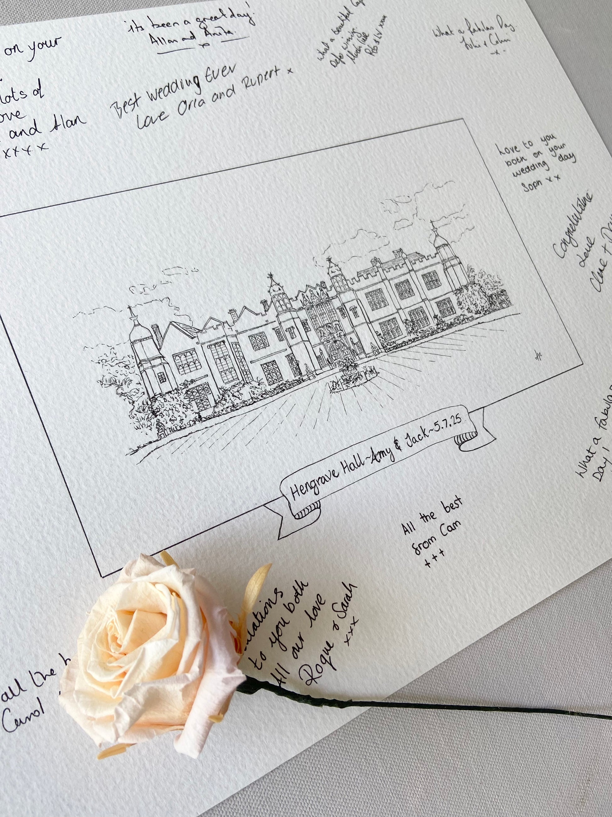 Wedding guest book alternative with signatures, hand-drawn by Ali Collins