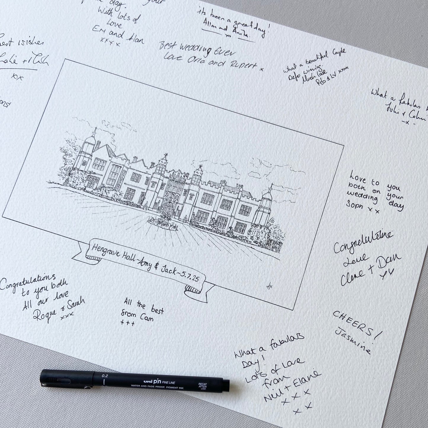 Wedding venue illustration with handwritten guest signatures by Ali Collins.