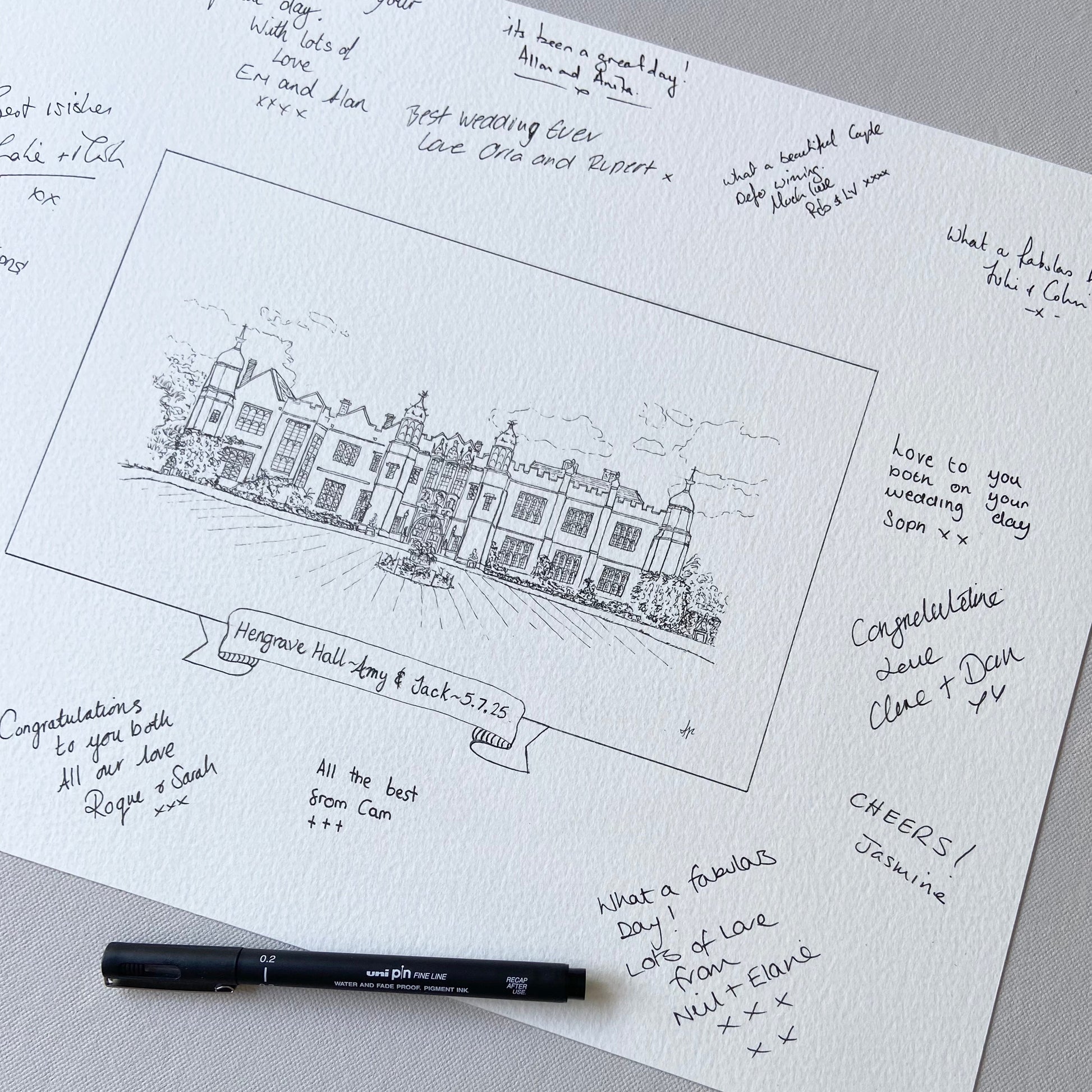 Wedding venue illustration with handwritten guest signatures by Ali Collins.