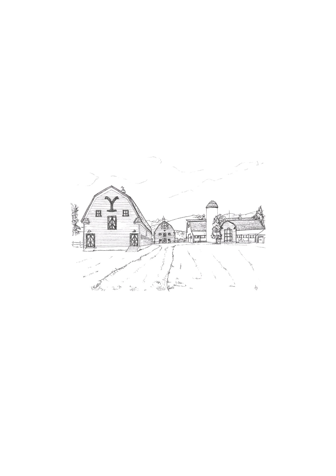 ): Hand-drawn print of Yellowstone barns — original line art, hand signed on recycled paper by Ali Collins