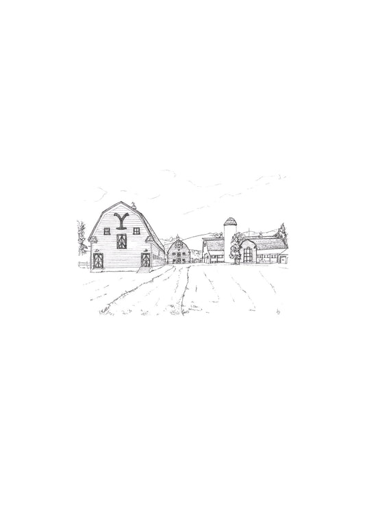 ): Hand-drawn print of Yellowstone barns — original line art, hand signed on recycled paper by Ali Collins