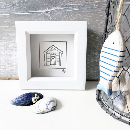 Beach Hut Original Hand Drawn Illustration, Limited Edition FRAMED