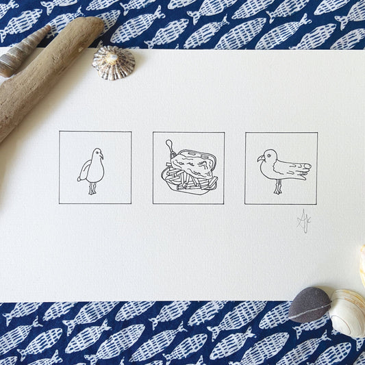 Fish and Chips Original Hand Drawn Illustration, Limited Edition A4 UNFRAMED